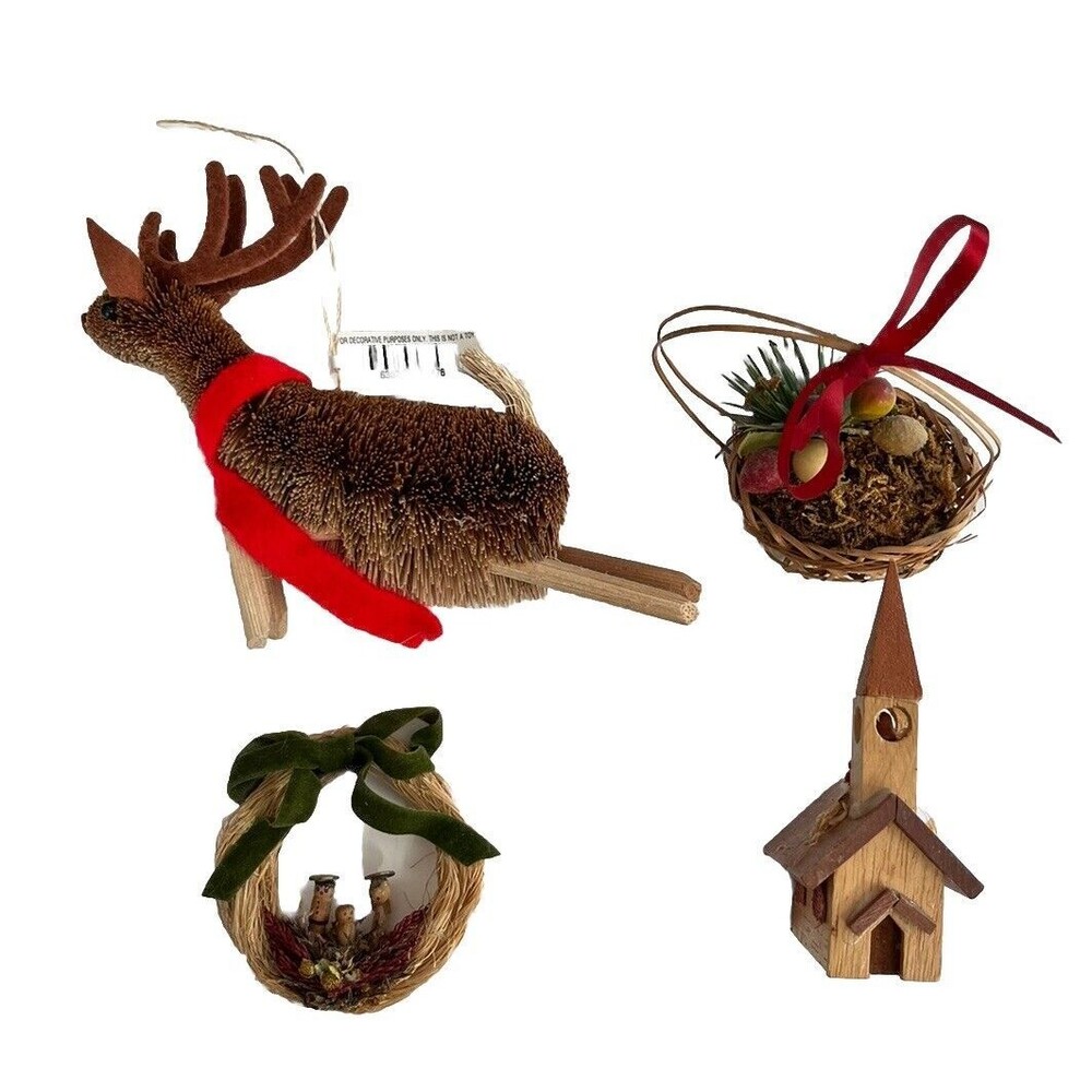 Lot of 4 Vtg Wooden Brown Christmas Ornaments Reindeer Church Basket Wreath Bow